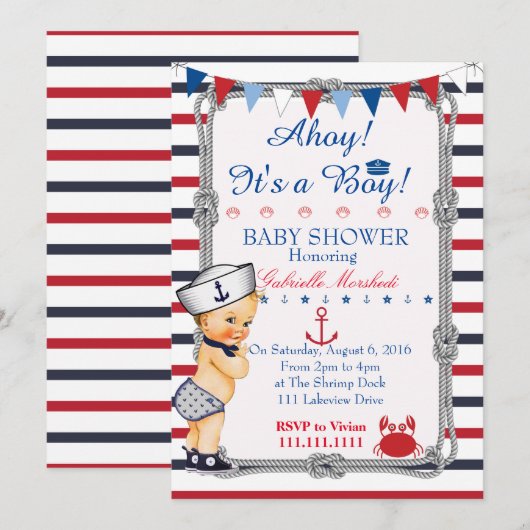 Uitnodiging nautisch Baby shower, Baby shower (Voorkant / Achterkant)