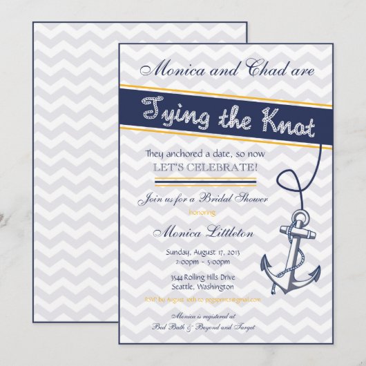 Uitnodiging nautische bruidsdouche - strandanker (Voorkant / Achterkant)