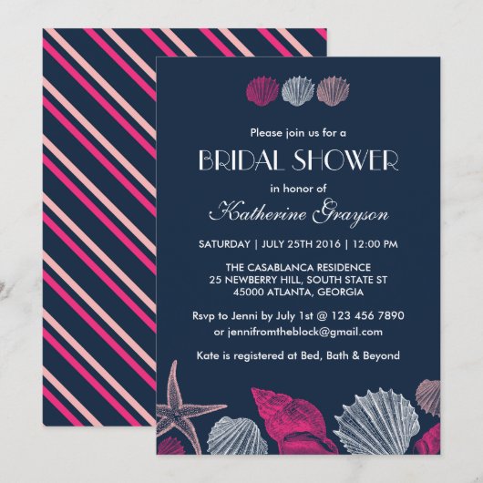Uitnodiging 'Navy Blue Schelpen' voor zomerhuwelij (Voorkant / Achterkant)
