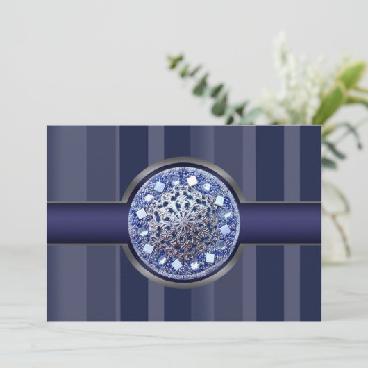 Uitnodiging Navy Blue Strepen Feest (Staand voorkant)