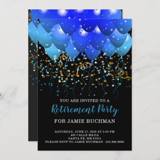 Uitnodiging Neon Blue Balloons Retirement Party (Voorkant / Achterkant)