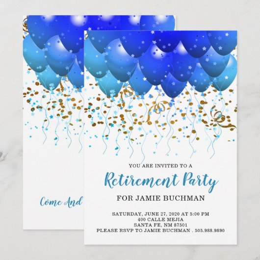 Uitnodiging Neon Blue Balloons Retirement Party (Voorkant / Achterkant)