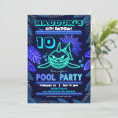 Uitnodiging Neon Shark Pool Party (Staand voorkant)