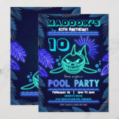 Uitnodiging Neon Shark Pool Party (Voorkant / Achterkant)