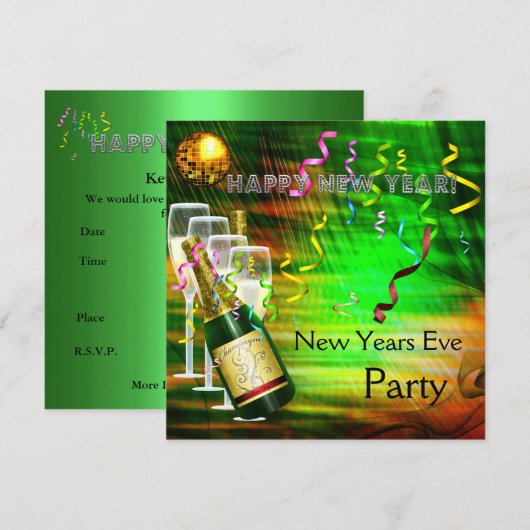 Uitnodiging nieuwe jaren gouden groen (Voorkant / Achterkant)