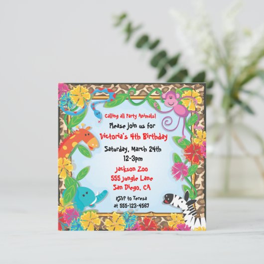 Uitnodiging oerwoud Zoo Party (Staand voorkant)