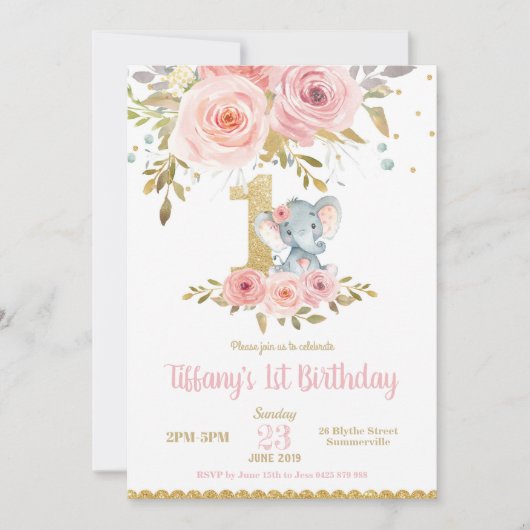 Uitnodiging Olifant 1e Verjaardag Meisje Roze Bloe (Voorkant)