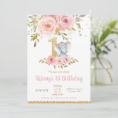 Uitnodiging Olifant 1e Verjaardag Meisje Roze Bloe (Staand voorkant)
