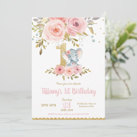Uitnodiging Olifant 1e Verjaardag Meisje Roze Bloe (Staand voorkant)