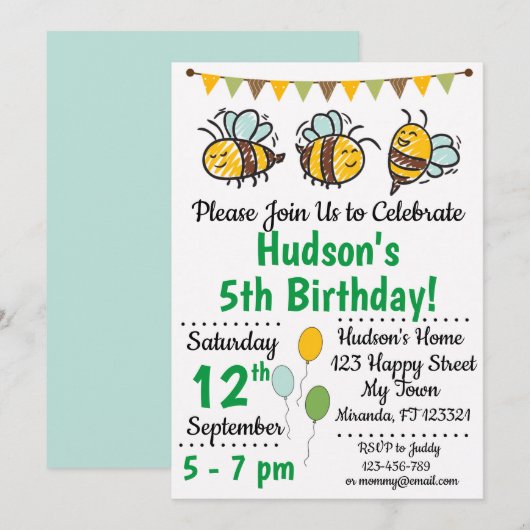 uitnodiging om bijen te Birthday (Voorkant / Achterkant)
