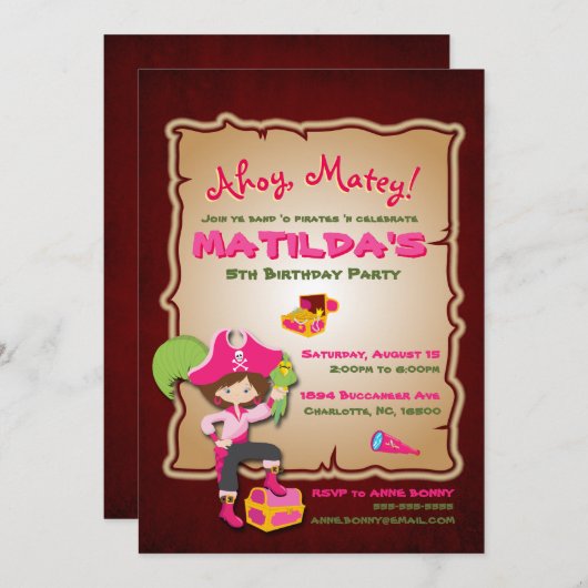 Uitnodiging om Cute Pirate Birthday te personalise (Voorkant / Achterkant)