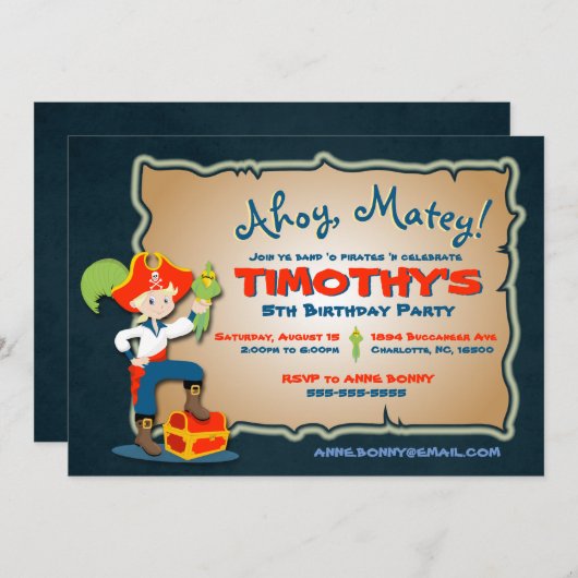 Uitnodiging om Cute Pirate Birthday te personalise (Voorkant / Achterkant)