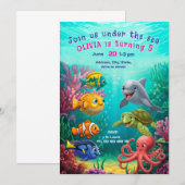 Uitnodiging onder de zeethema. Kinderfeestje. (Voorkant / Achterkant)
