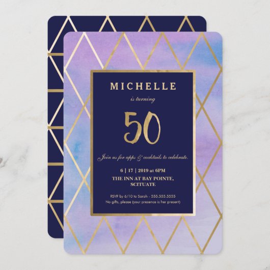 Uitnodiging op 50e verjaardag - Gold, legant, vijf (Voorkant / Achterkant)