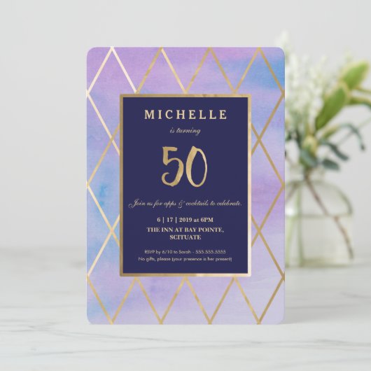 Uitnodiging op 50e verjaardag - Gold, legant, vijf (Staand voorkant)