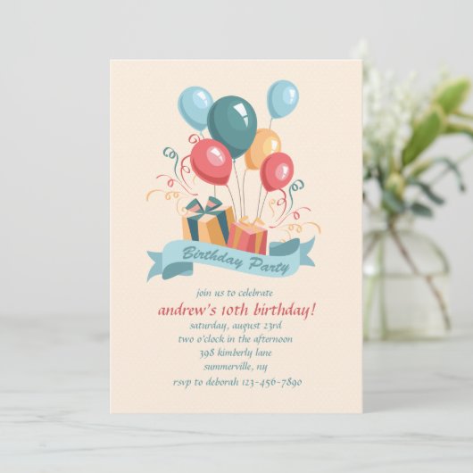 Uitnodiging op de Balloons van Birthday Party (Staand voorkant)