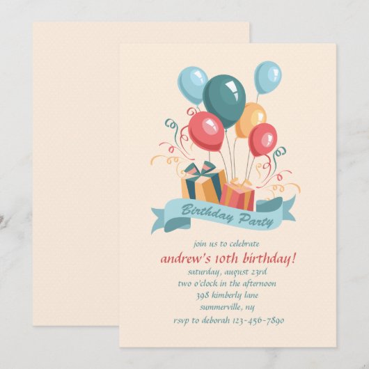 Uitnodiging op de Balloons van Birthday Party (Voorkant / Achterkant)