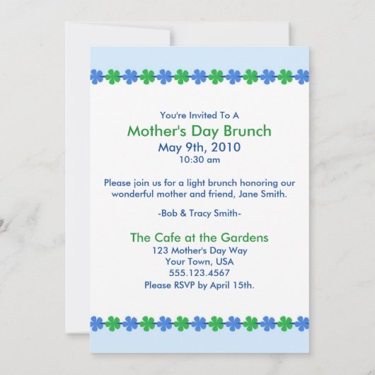 Uitnodiging op de blauwe lentevloer op moederdag (Achterkant)