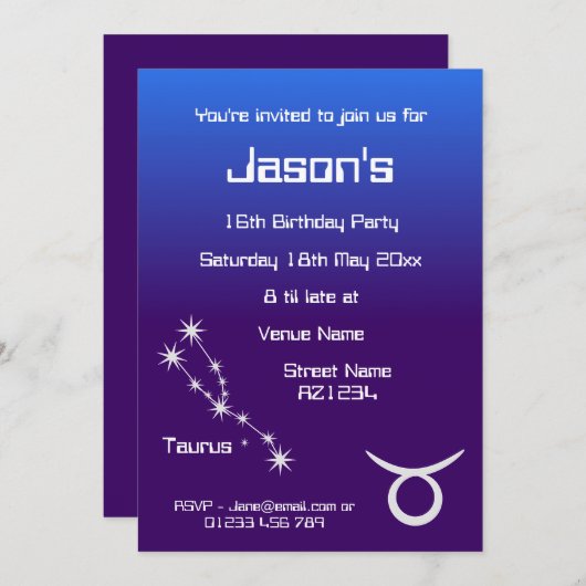 Uitnodiging op speciale Taurus Zodiac Galaxy Party (Voorkant / Achterkant)