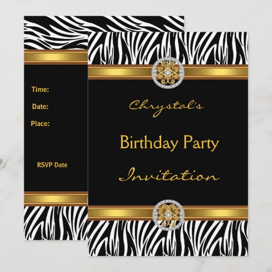 Uitnodiging op verjaardag Animal Zebra Gold Jewel (Voorkant / Achterkant)