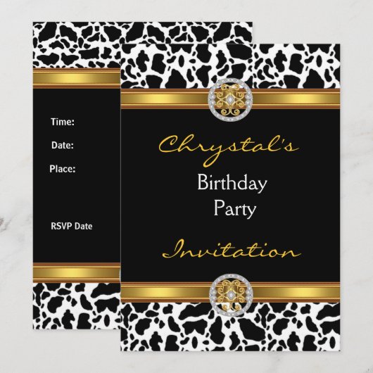 Uitnodiging op verjaardag Koe van gouden juwelen (Voorkant / Achterkant)