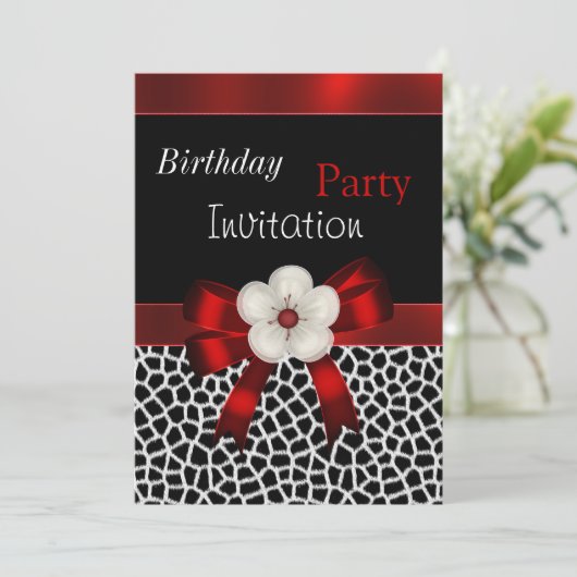 Uitnodiging op zaterdag Rood Zwarte Floral Bow (Staand voorkant)