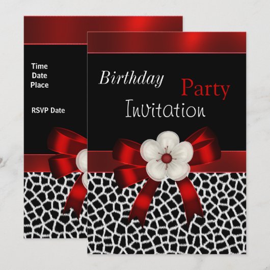Uitnodiging op zaterdag Rood Zwarte Floral Bow (Voorkant / Achterkant)