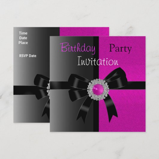 Uitnodiging op zaterdag Zwarte Helderroze juwelen (Voorkant / Achterkant)