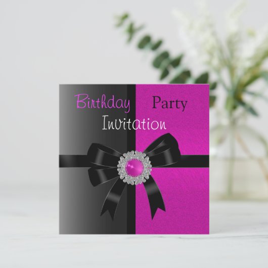 Uitnodiging op zaterdag Zwarte Helderroze juwelen (Staand voorkant)