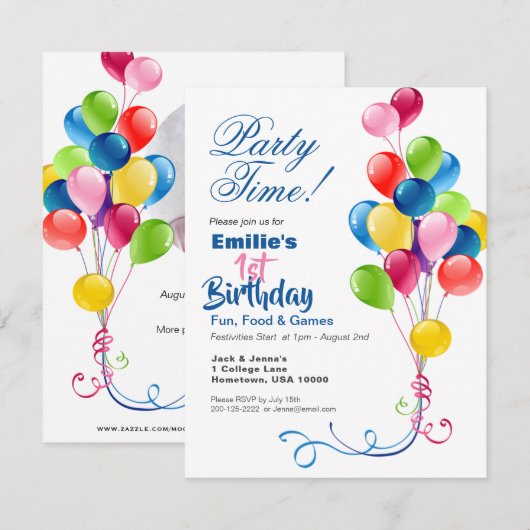 Uitnodiging op zondag met kleurrijke ballonnen (Voorkant / Achterkant)