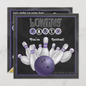 Uitnodiging Paarse Bowling Party (Voorkant / Achterkant)