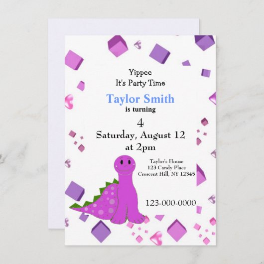 Uitnodiging Paarse Dinosaur-partij (Voorkant / Achterkant)