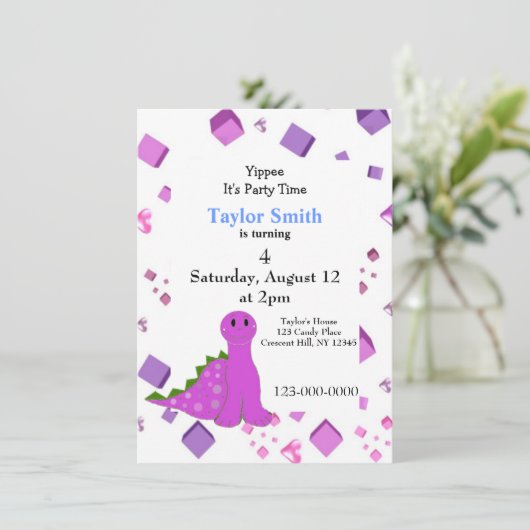 Uitnodiging Paarse Dinosaur-partij (Staand voorkant)