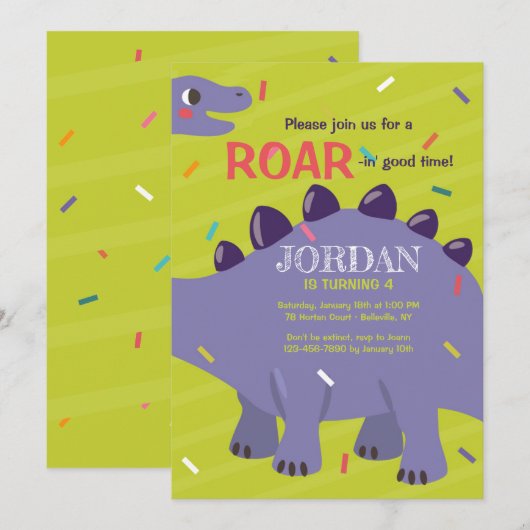 Uitnodiging Paarse Dinosaurussen (Voorkant / Achterkant)