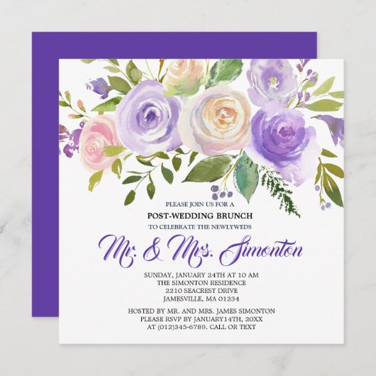 Uitnodiging Paarse Floral Post-Wedding Brunch (Voorkant / Achterkant)