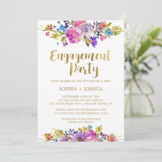 Uitnodiging Paarse Garden Gold Engagement Party (Staand voorkant)