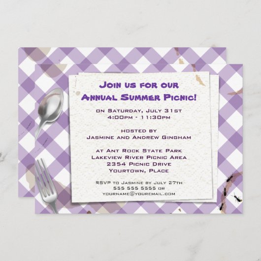 Uitnodiging Paarse Gingham Picnic BBQ Party (Voorkant / Achterkant)