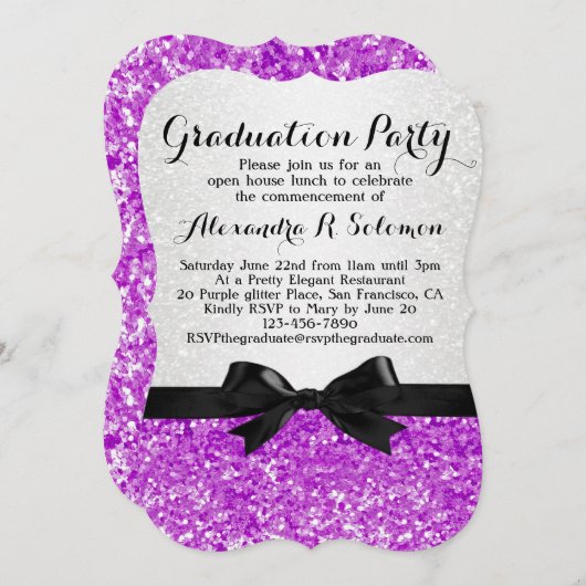 Uitnodiging Paarse Glittery Bow Graduy Party (Voorkant / Achterkant)