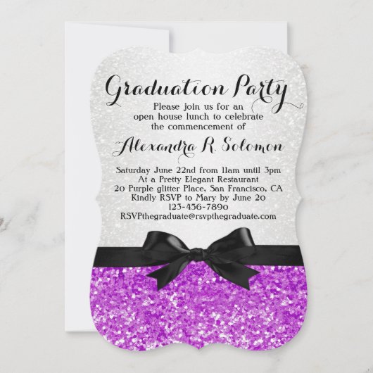 Uitnodiging Paarse Glittery Bow Graduy Party (Voorkant)