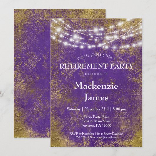 Uitnodiging Paarse Gold Lights (Voorkant / Achterkant)