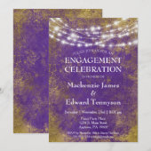 Uitnodiging Paarse Gold Lights Engagement Party (Voorkant / Achterkant)