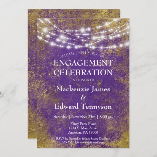 Uitnodiging Paarse Gold Lights Engagement Party (Voorkant / Achterkant)