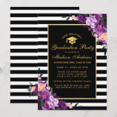Uitnodiging Paarse Gold Striped Graduparty (Voorkant / Achterkant)