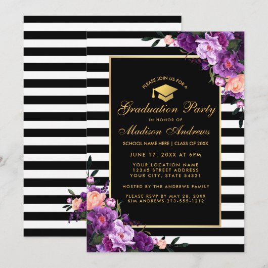 Uitnodiging Paarse Gold Striped Graduparty (Voorkant / Achterkant)