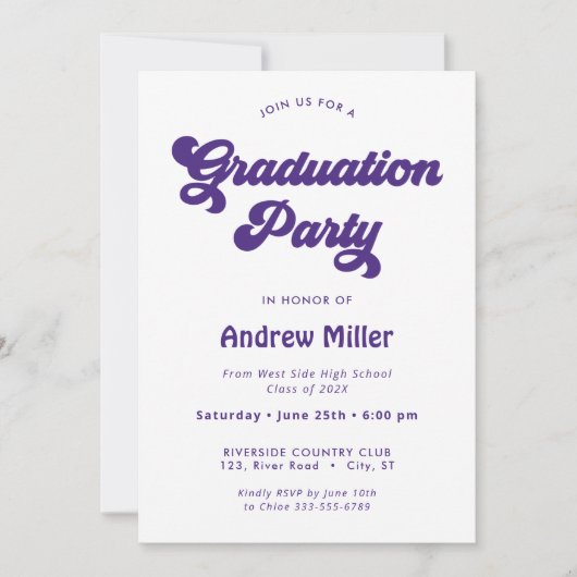 Uitnodiging Paarse Groovy retro Graduy Party (Voorkant)