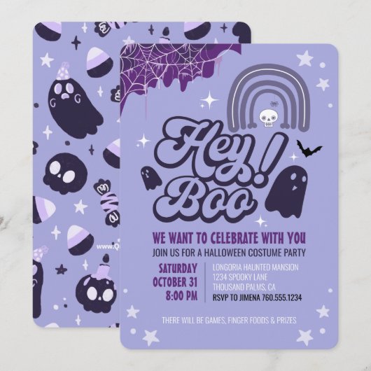 Uitnodiging paarse Halloween verkleedfeest (Voorkant / Achterkant)
