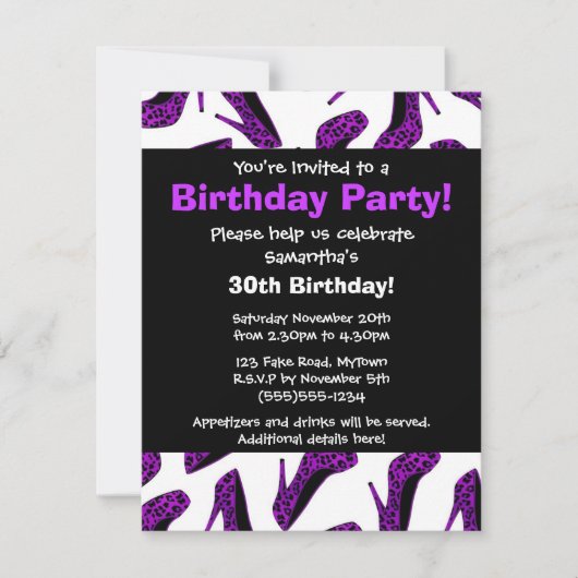 Uitnodiging Paarse leopard High Heels Print Party (Voorkant)