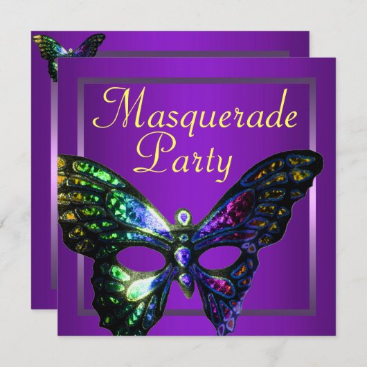 Uitnodiging Paarse Masquerade Party (Voorkant / Achterkant)