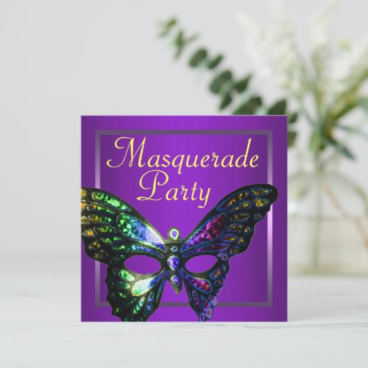 Uitnodiging Paarse Masquerade Party (Staand voorkant)