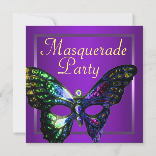 Uitnodiging Paarse Masquerade Party (Voorkant)